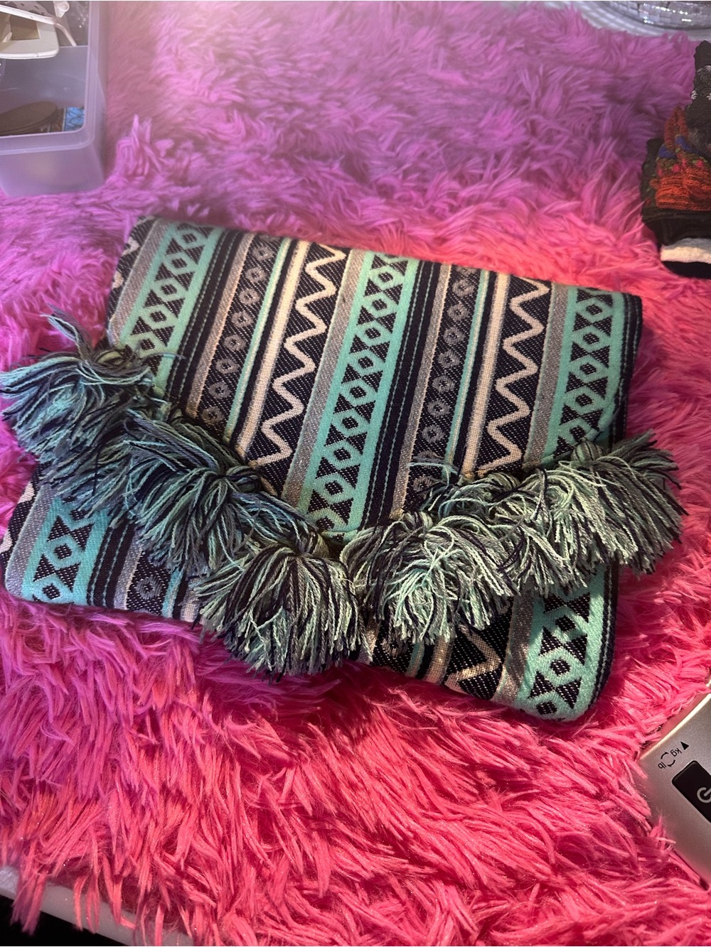 Mud Pie Teal and Black Handwoven Fringe Clutch